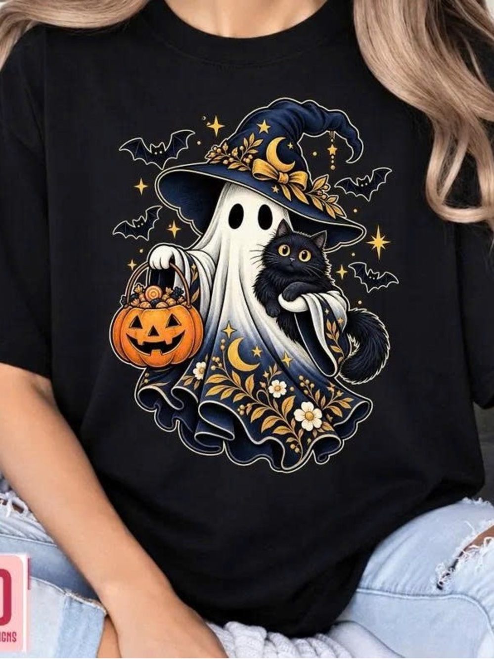 Gildan Black Halloween Ghost & Black Cat Graphic Tee